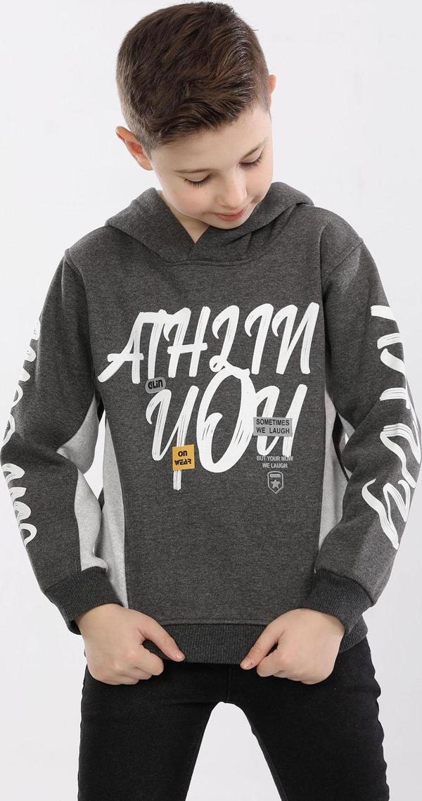 Kapüşonlu 3 İp Kışlık Erkek Çocuk Baskılı Kalın Sweatshirt Füme  MRN7014 - Image 1