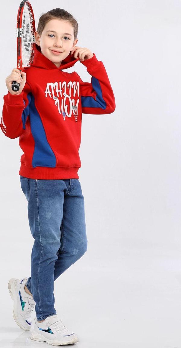 Kapüşonlu 3 İp Kışlık Erkek Çocuk Baskılı Kalın Sweatshirt Kırmızı MRN7014 - Image 1