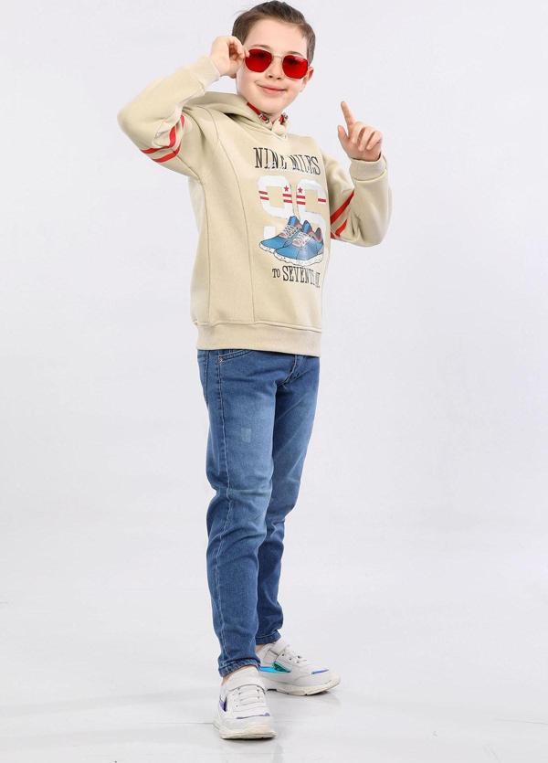 Erkek Çocuk Üç İp İçi Şardonlu Baskılı Kapüşonlu Kışlık Sweatshirt Bej MRN7016 - Image 1