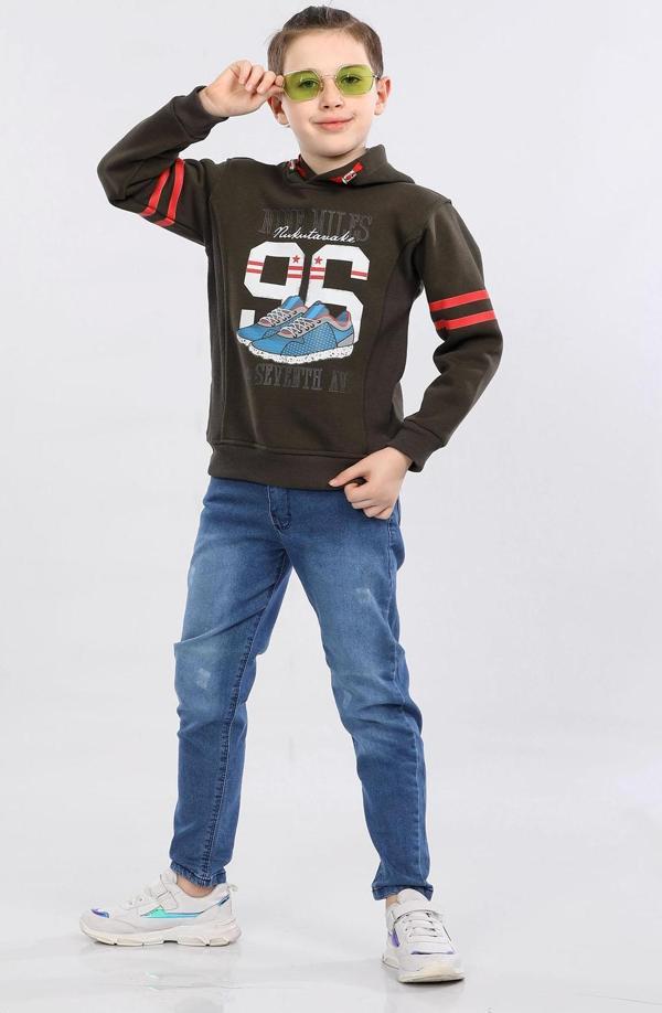Erkek Çocuk Üç İp İçi Şardonlu Baskılı Kapüşonlu Kışlık Sweatshirt Haki MRN7016 - Image 1