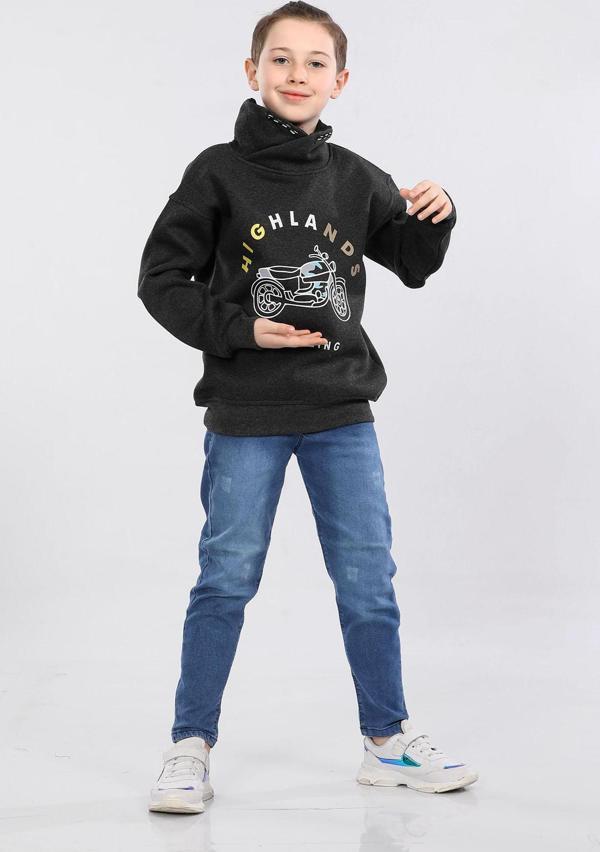Degaje Yaka 3 İp Kışlık Erkek Çocuk Kalın Sweatshirt Füme MRN7021 - Image 1