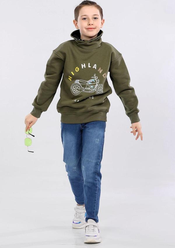 Degaje Yaka 3 İp Kışlık Erkek Çocuk Kalın Sweatshirt Haki MRN7021 - Image 1