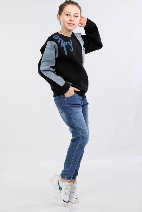 Erkek Çocuk Üç İp Kot Detaylı Sweatshirt Siyah MRN7001 - Image 1