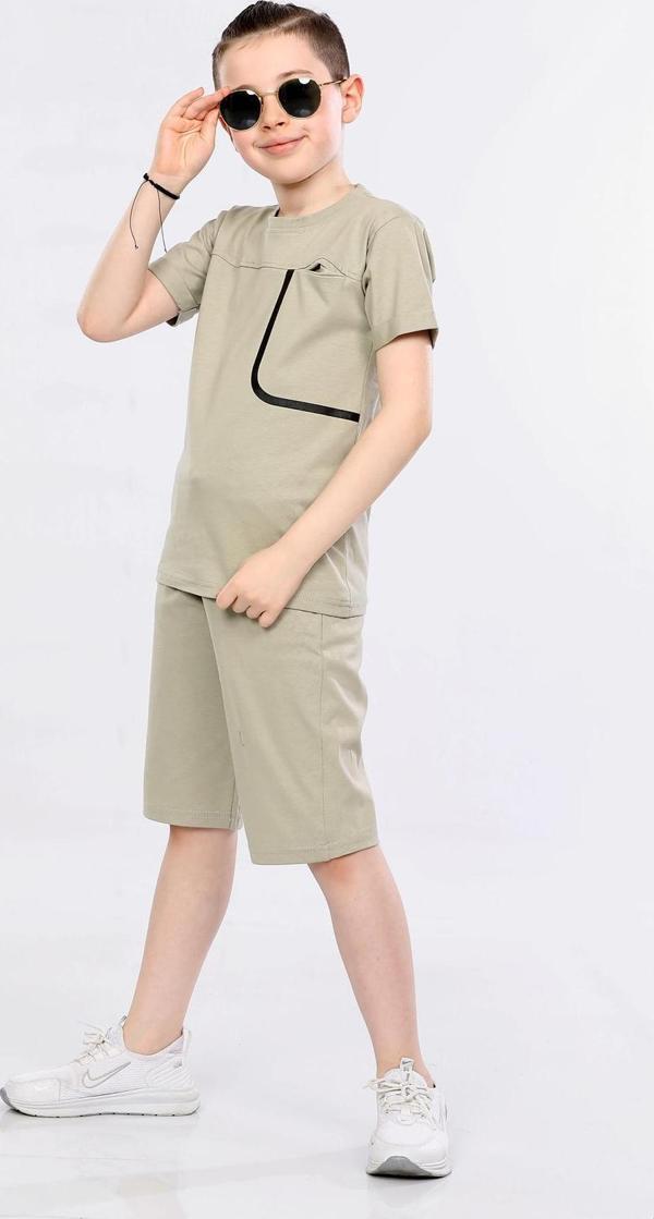 Barkod Kids %100 Pamuk İkili Takım T-shirt ve şort Erkek Çocuk HLK506070184 Açık Haki - Image 1