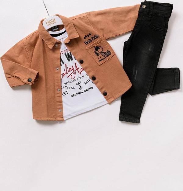 Hola Kids Erkek Çocuk Gömlek-Tişört ve Pantolon 3 lü Takım HLK80103 Somon - Image 1