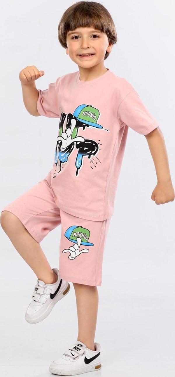 Mornio Erkek Çocuk %100 Pamuk Hip-Hop Baskılı T-shirt ve Şort 2 li Takım MRN3102728-1VF Pembe - Image 1