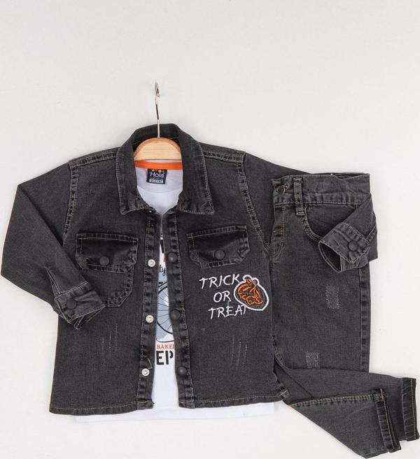 Hola Kids Erkek Çocuk Kot Ceket-Pantolon ve Tişört 3 lü Takım HLK80107 Füme - Image 1