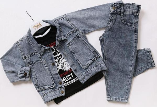 Hola Kids Erkek Çocuk Kot Ceket-Pantolon ve Tişört 3 lü Takım HLK80112 Gri - Image 1