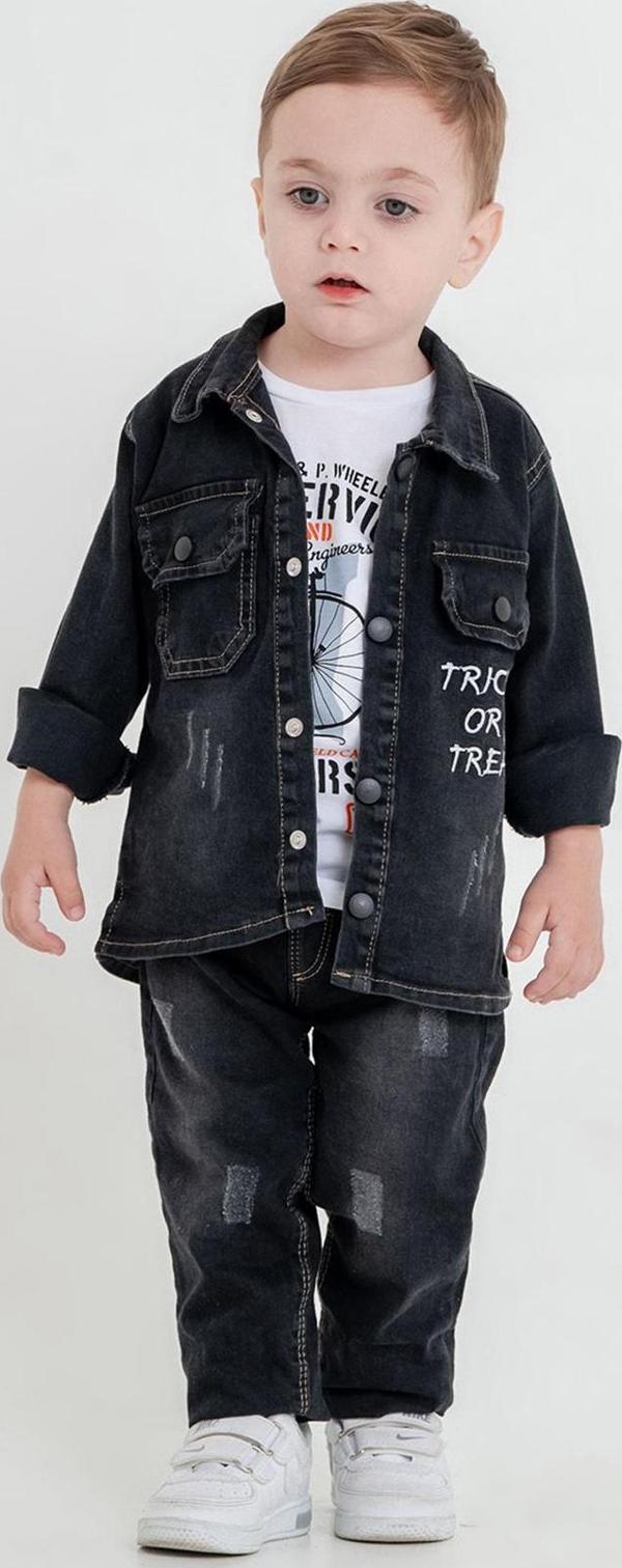 Hola Kids Erkek Çocuk Kot Ceket-Pantolon ve Tişört 3 lü Takım HLK80107 Siyah - Image 1