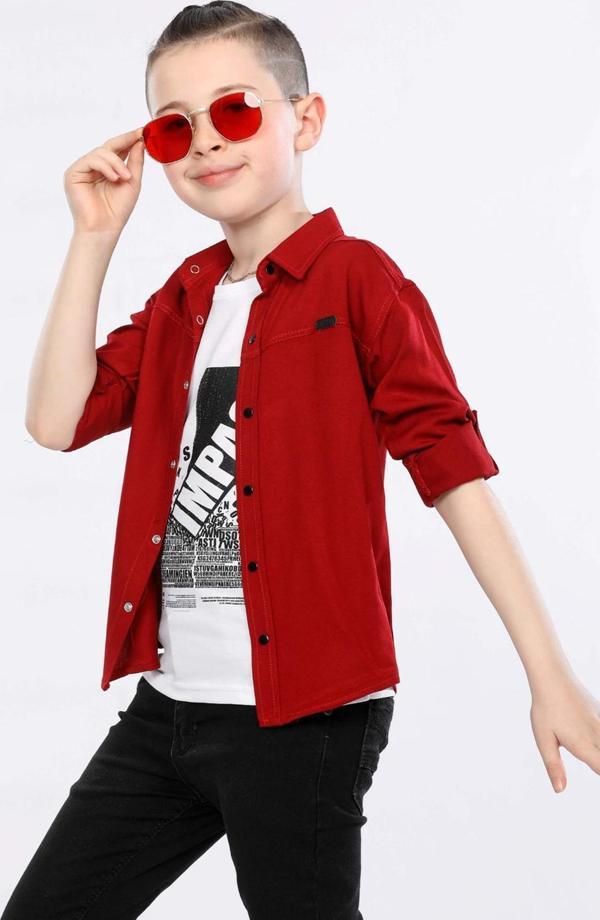 Mornio Erkek Çocuk Katlanabilir Uzun Kollu Gömlek ve Baskılı Kolsuz Tişört 2 Li Üst Takım MRN3101516VF Kırmızı - Image 1