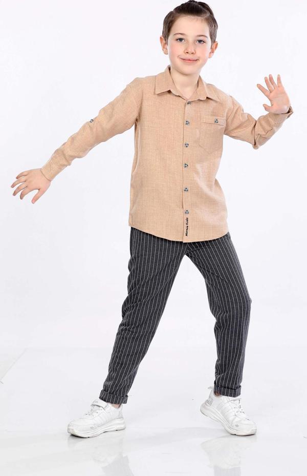Mornio Erkek Çocuk Gömlek ve Pantolon 2 li Takım VF24KMR5108788 Bej - Image 1