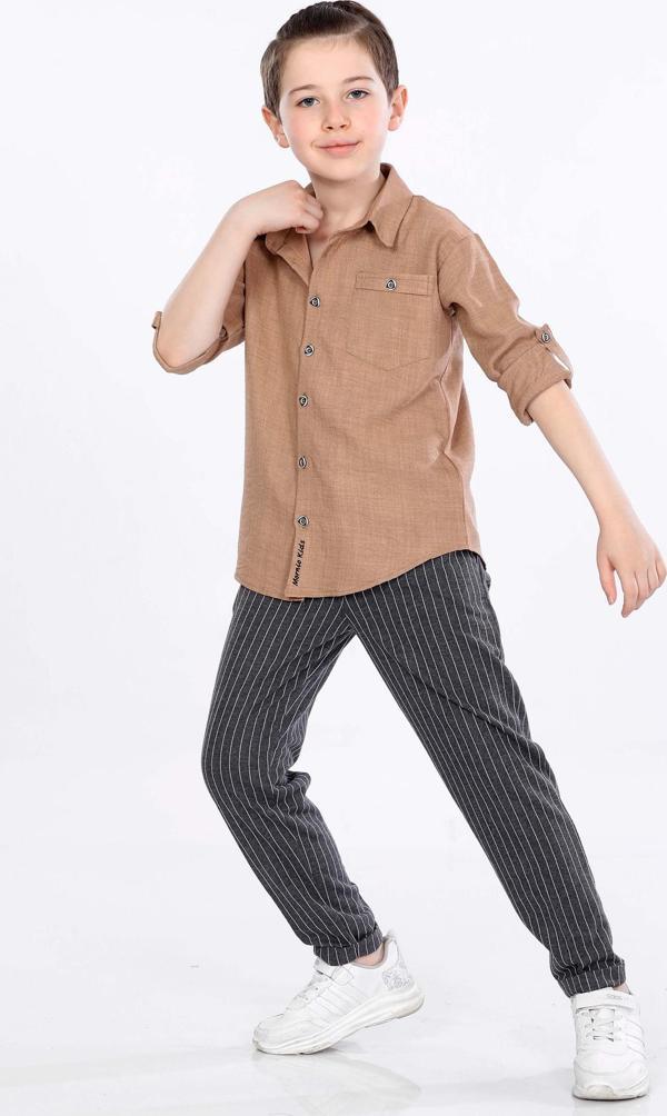 Mornio Erkek Çocuk Gömlek ve Pantolon 2 li Takım VF24KMR5108788 Taba - Image 1