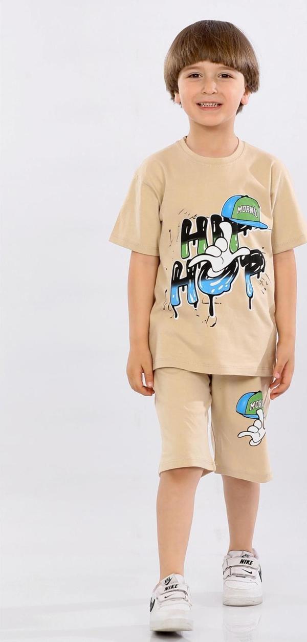 Mornio Erkek Çocuk %100 Pamuk Hip-Hop Baskılı T-shirt ve Şort 2 li Takım MRN3102728-1VF Bej - Image 1