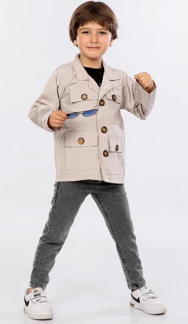 Hola Kids Erkek Çocuk Trençkot-Pantolon ve Tişört 3 lü Takım HLK5060152 Krem - Image 1