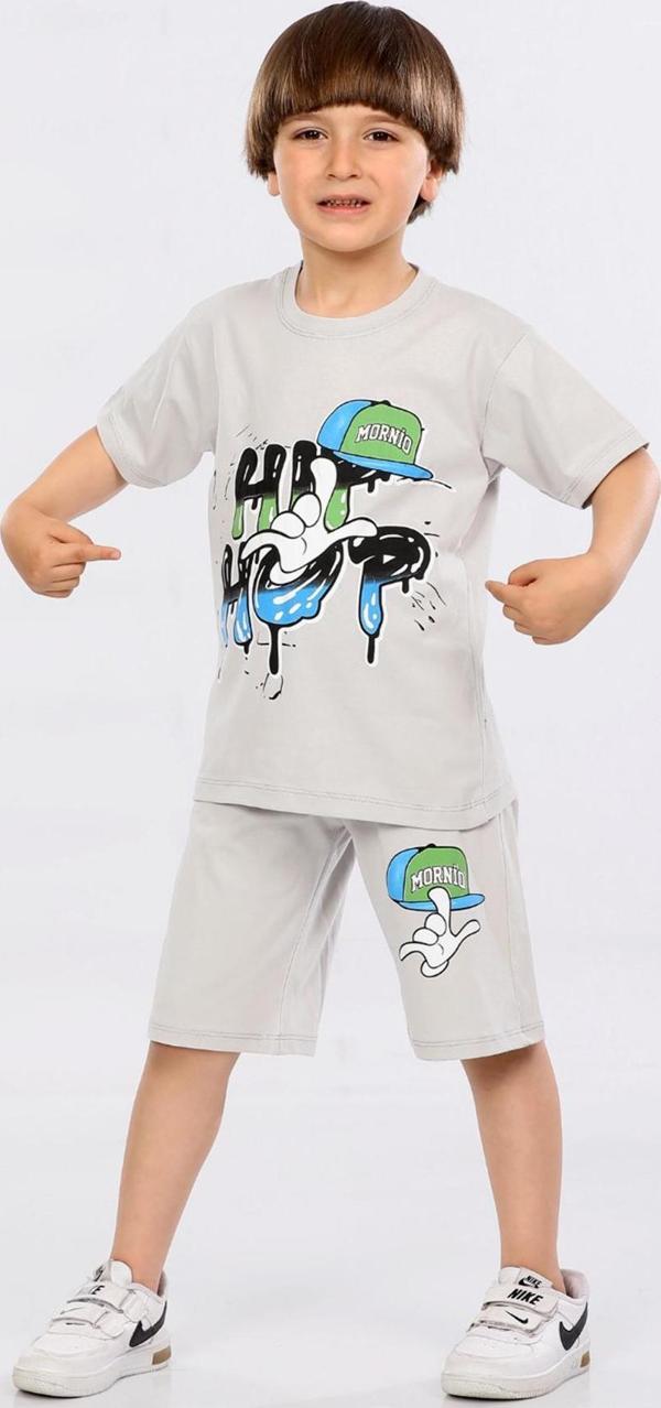 Mornio Erkek Çocuk %100 Pamuk Hip-Hop Baskılı T-shirt ve Şort 2 li Takım MRN3102728-1VF Gri - Image 1