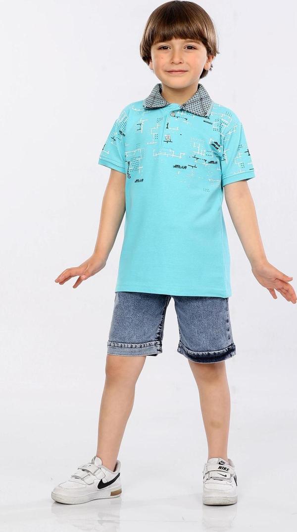 Mornio Erkek Çocuk Polo Yaka  Lacost Kumaş Tişört ve Kot Şort  İkili Yazlık Takım MRN5111112VF Turkuaz - Image 1