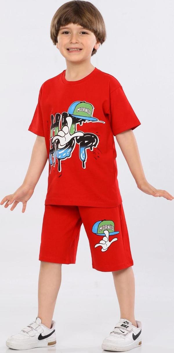 Mornio Erkek Çocuk %100 Pamuk Hip-Hop Baskılı T-shirt ve Şort 2 li Takım MRN3102728-1VF Kırmızı - Image 1