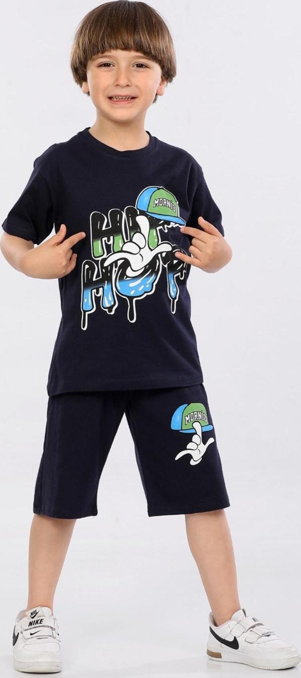 Mornio Erkek Çocuk %100 Pamuk Hip-Hop Baskılı T-shirt ve Şort 2 li Takım MRN3102728-1VF Lacivert - Image 1