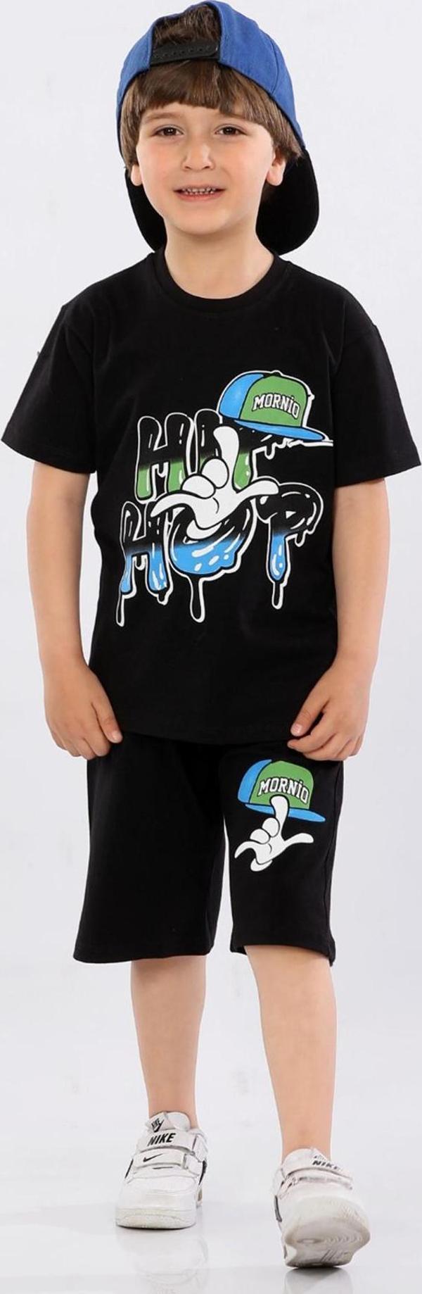Mornio Erkek Çocuk %100 Pamuk Hip-Hop Baskılı T-shirt ve Şort 2 li Takım MRN3102728-1VF Siyah - Image 1