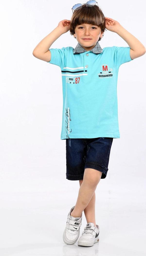 Mornio Erkek Çocuk Polo Yaka  Lacost Kumaş Tişört ve Kot Şort  İkili Yazlık Takım MRN5111314VF Turkuaz - Image 1
