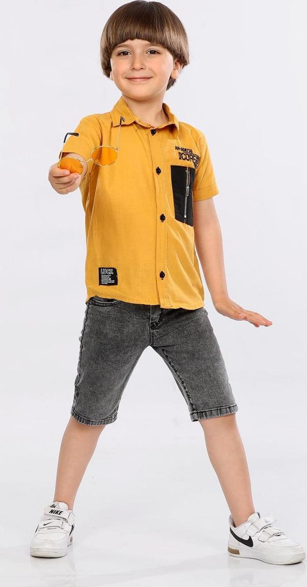 Hola Kids İkili Takım Yumuşak Gömlek ve Kot Kapri Erkek Çocuk HLK5060165 Hardal - Image 1