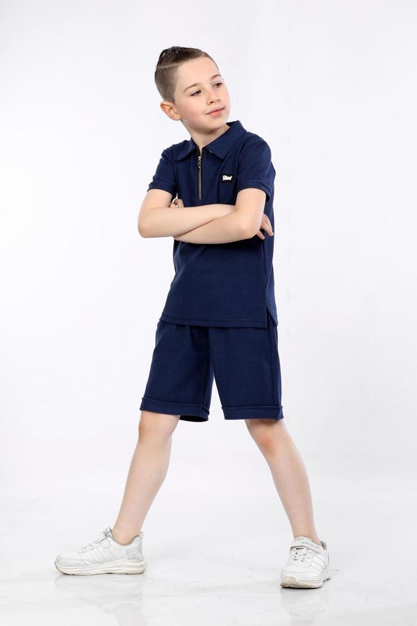 Mornio Erkek Çocuk Yarım Fermuar Polo Yaka ve Şortlu 2 li Takım VF24KMR5101516-1 Lacivert - Image 1