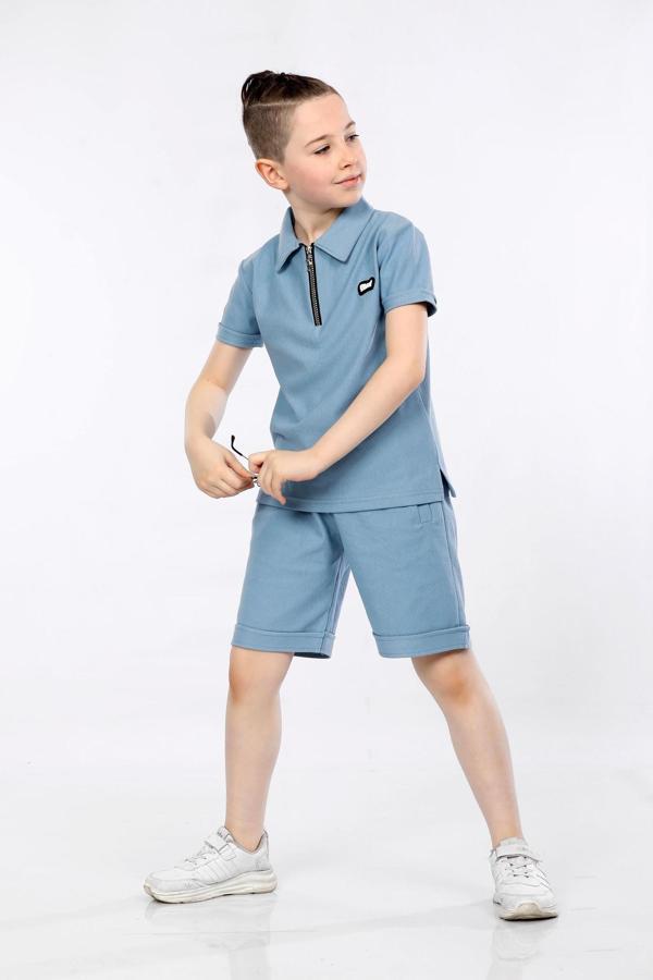 Mornio Erkek Çocuk Yarım Fermuar Polo Yaka ve Şortlu 2 li Takım VF24KMR5101516-1 Mavi - Image 1