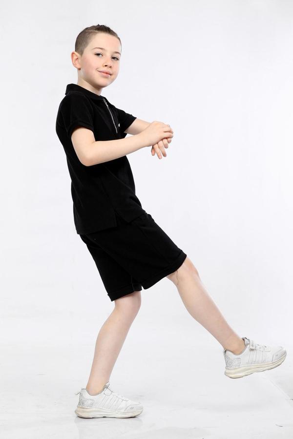 Mornio Erkek Çocuk Yarım Fermuar Polo Yaka ve Şortlu 2 li Takım VF24KMR5101516-1 Siyah - Image 1