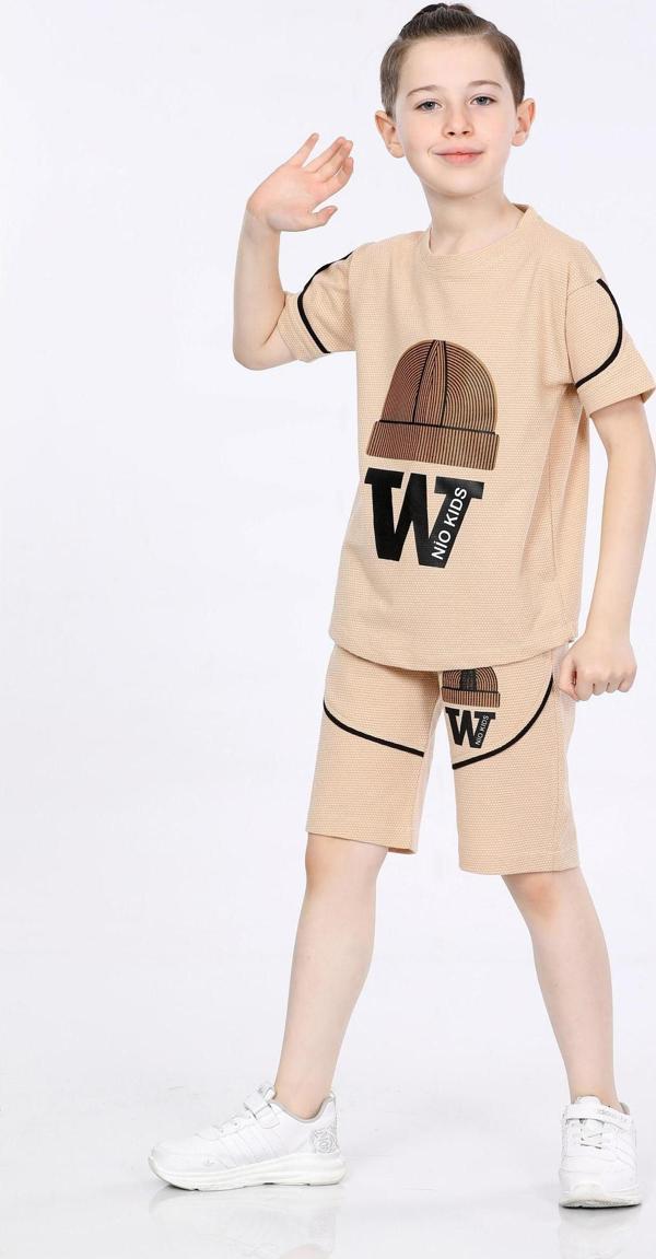 Mornio Erkek Çocuk Baskılı T-shirt ve Şort 2 Li Takım VF24KMR5103334 Bej - Image 1
