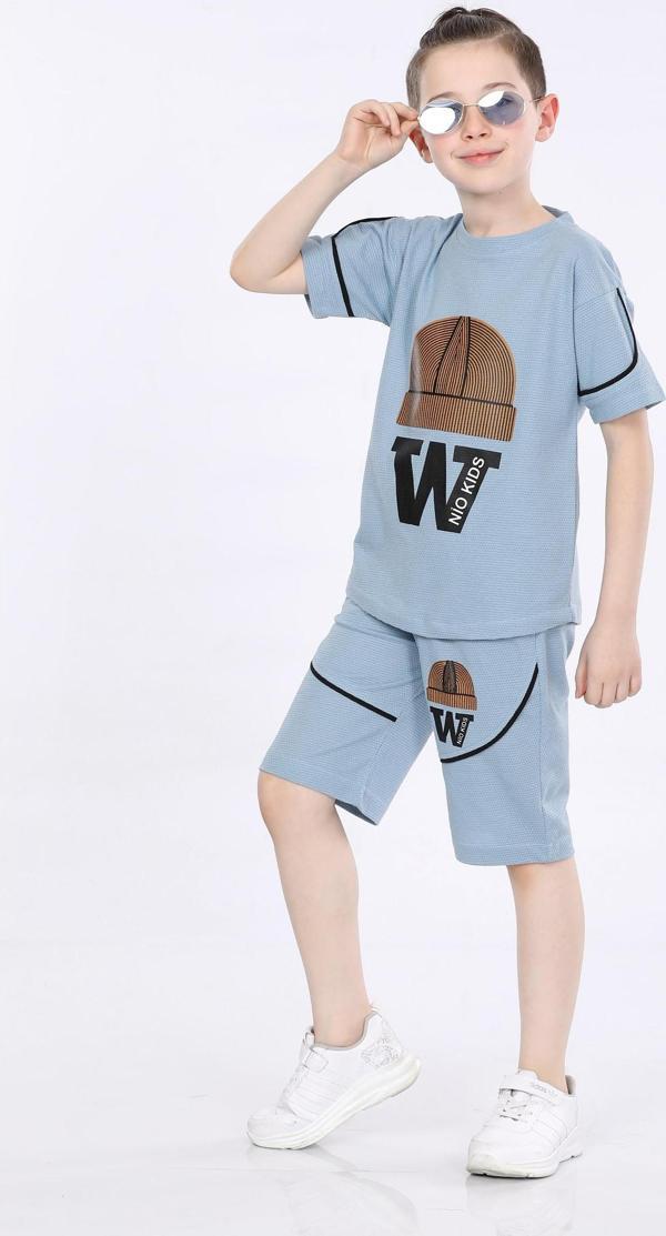 Mornio Erkek Çocuk Baskılı T-shirt ve Şort 2 Li Takım VF24KMR5103334 Mavi - Image 1