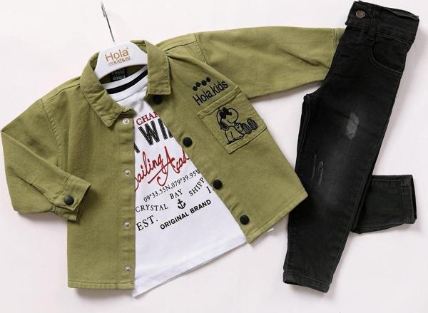 Hola Kids Erkek Çocuk Gömlek-Tişört ve Pantolon 3 lü Takım HLK80103 Yeşil - Image 1