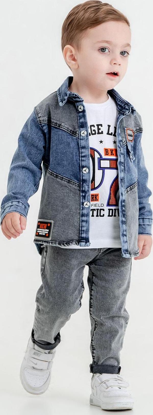 Hola Kids Erkek Çocuk Kot Ceket-Pantolon ve Tişört 3 lü Takım HLK80105 Füme - Image 1