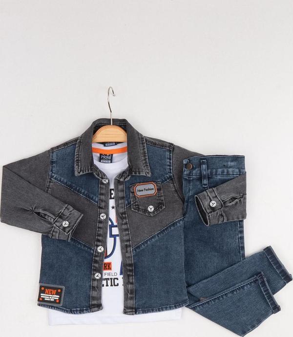 Hola Kids Erkek Çocuk Kot Ceket-Pantolon ve Tişört 3 lü Takım HLK80105 Lacivert - Image 1