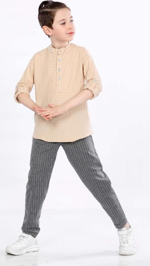 Mornio Erkek Çocuk Üç Düğme Hakim Yaka Gömlek ve Pantolon 2 li Takım VF24KMR5109900 Bej - Image 1