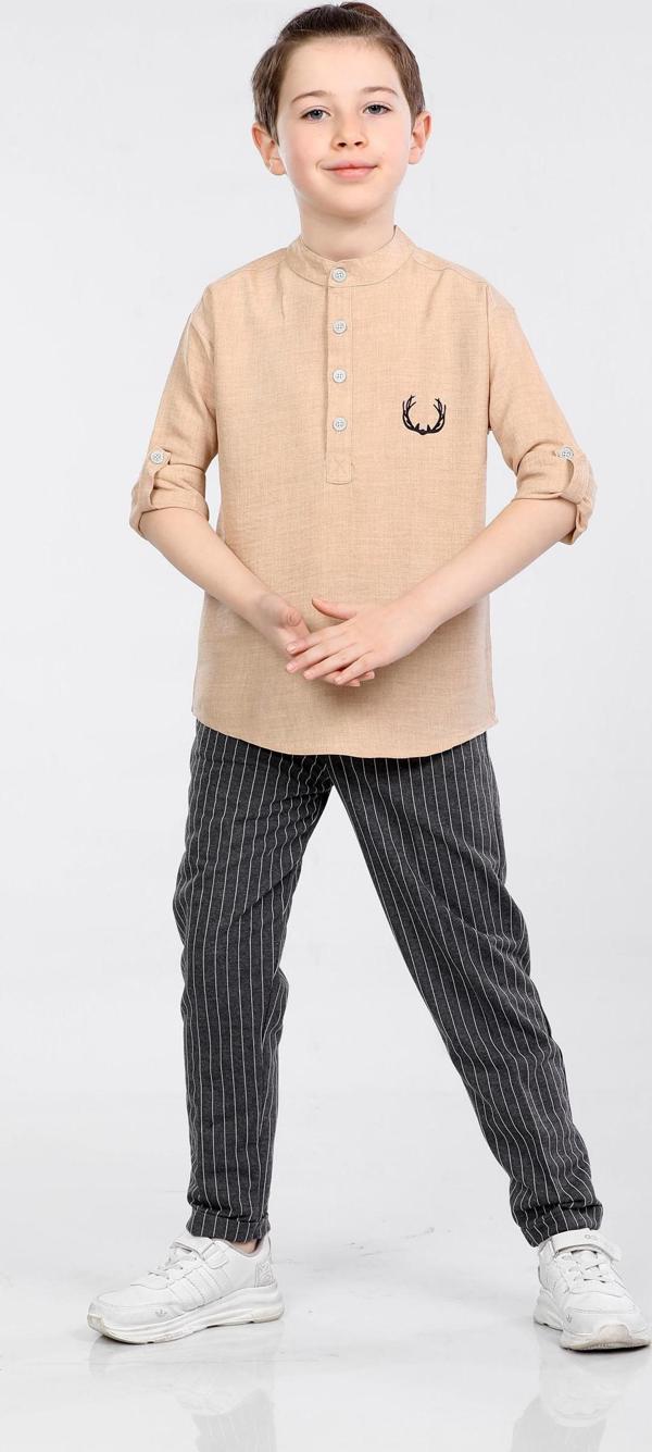 Mornio Erkek Çocuk Üç Düğme Hakim Yaka Gömlek ve Pantolon 2 li Takım VF24KMR5108990 Bej - Image 1