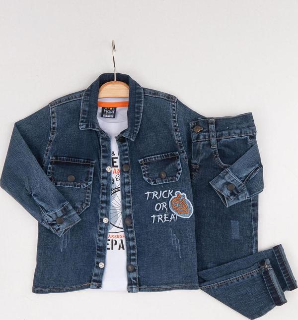 Hola Kids Erkek Çocuk Kot Ceket-Pantolon ve Tişört 3 lü Takım HLK80107 Lacivert - Image 1