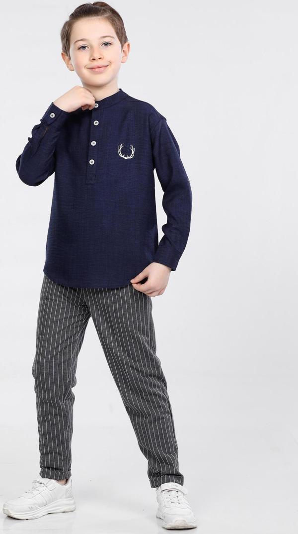 Mornio Erkek Çocuk Üç Düğme Hakim Yaka Gömlek ve Pantolon 2 li Takım VF24KMR5108990 Lacivert - Image 1