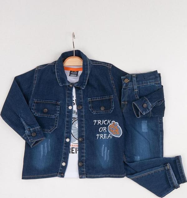 Hola Kids Erkek Çocuk Kot Ceket-Pantolon ve Tişört 3 lü Takım HLK80107 Mavi - Image 1