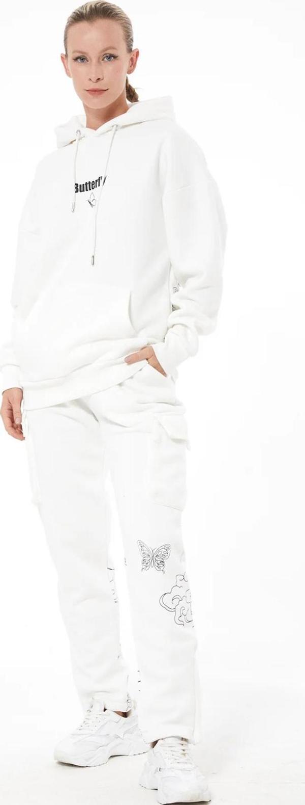 Go Veform Kadın Kelebek Baskılı Kargo Cepli Kapüşonlu Eşofman Takımı Ekru ZN5093 - Image 1