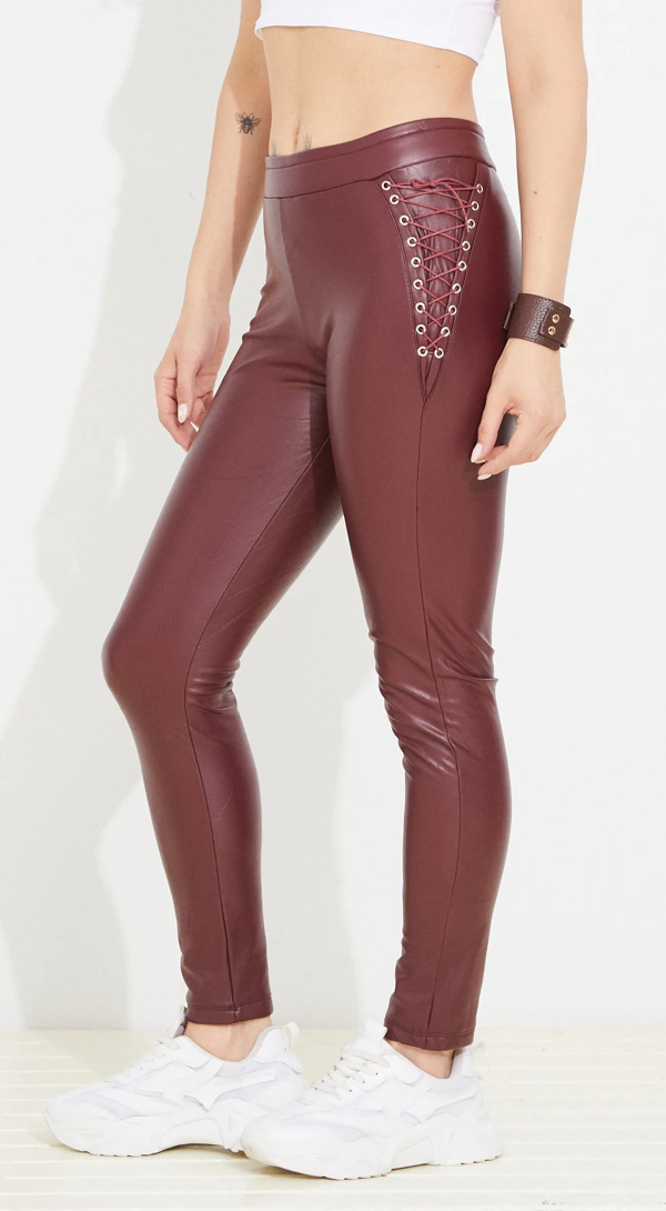 Go Veform Kadın Yanları Detaylı İçi Şardonlu Deri Tayt Bordo ZN5068 - Image 1