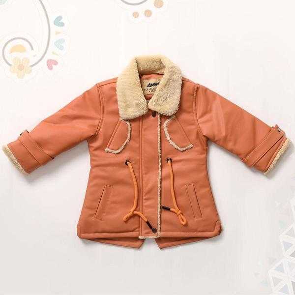 Kız Bebek ve Çocuk Yakası Kürklü Deri Mont SomonAVM2104 - Image 1
