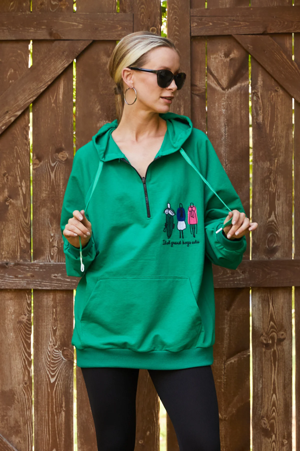 Go Veform Fermuar Detay Baskılı Oversize Kadın Sweatshirt Yeşil ZN5022 - Image 1