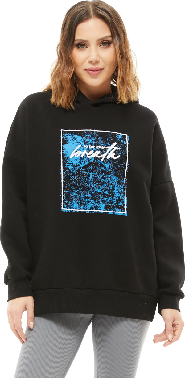 Go Veform Kapüşonlu Baskılı Üç İplik Kadın Sweatshirt Siyah ZN5026 - Image 1