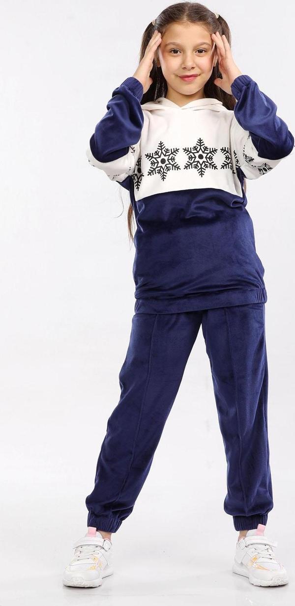 Yumuşak Kadife Kar Tanesi Desenli Kız Çocuk Eşofman Takımı Lacivert MRN40029-5 - Image 1