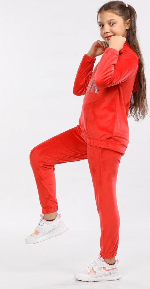Kadife Kapüşonlu Baskılı Kız Çocuk Kışlık Eşofman Takımı Kırmızı MRN40030-12 - Image 1