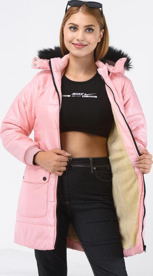İçi Kürklü Yağmur-Rüzgar Geçirmez Kapüşonlu Çocuk Mont  Toz Pembe AVM151 - Image 1
