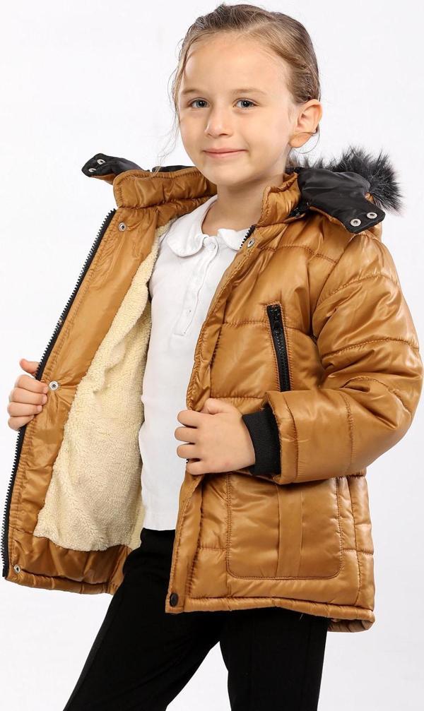 İçi Kürklü Yağmur-Rüzgar Geçirmez Kapüşonlu Çocuk Mont  Camel AVM152 - Image 1