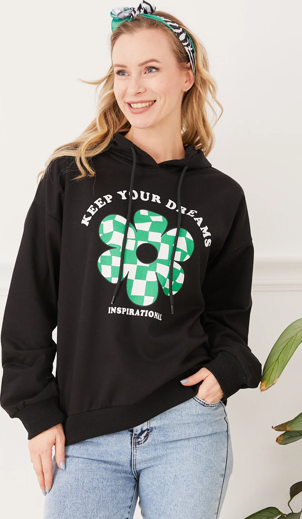 Go Veform Kadın Çiçek Desenli Kapüşonlu Sweatshirt Siyah ZN5059 - Image 1