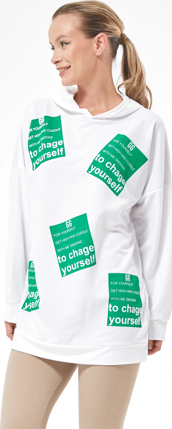 Go Veform Kadın Baskılı Kapüşonlu Oversize Uzun Sweatshirt Beyaz ZN5045 - Image 1