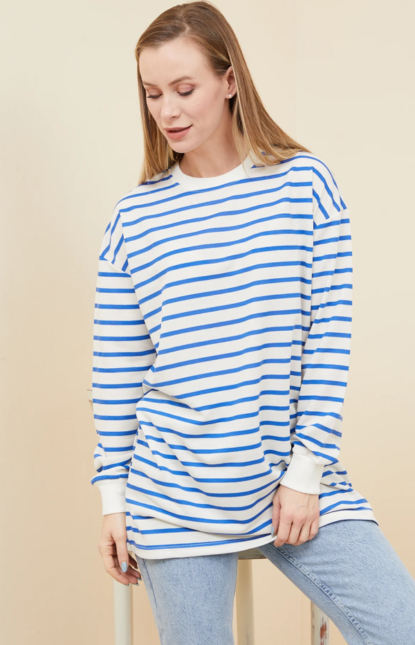 Go Veform Kadın Çizgili Yırtmaç Detaylı İki İp Sweatshirt Mavi ZN5064 - Image 1